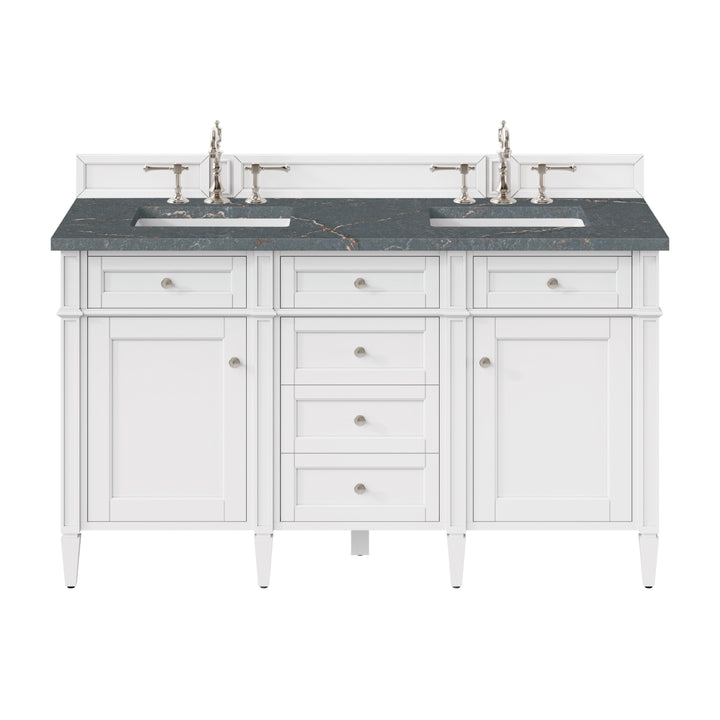Brittany 60" Double Vanity, Bright White Vanity w/ 3 CM Parisien Bleu Silestone Top