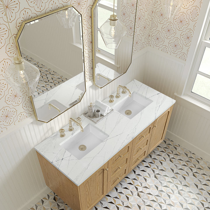 Laurent 60" Double Vanity, Light Natural Oak, w/ 3 CM Ethereal Noctis Quartz Top w/FreePower Wireless Charger