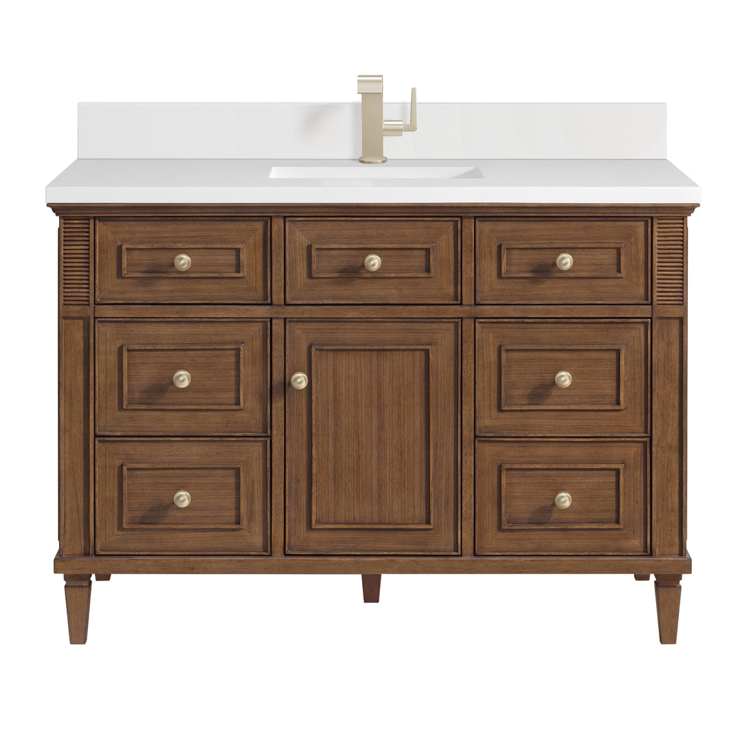 Lorelai 48" Single Vanity, Mid-Century Walnut w/ Single Hole 3 CM White Zeus Silestone Top & Backsplash