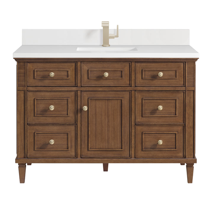 Lorelai 48" Single Vanity, Mid-Century Walnut w/ Single Hole 3 CM White Zeus Silestone Top & Backsplash