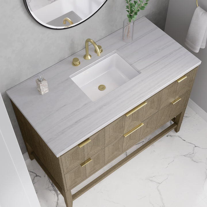 Emmeline 48" Single Vanity, Pebble Oak w/ 3 CM Arctic Fall Solid Surface Top