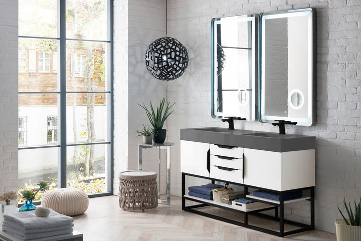 Columbia 59" Double Vanity, Glossy White, Matte Black w/ Dusk Grey Glossy Composite Stone Top