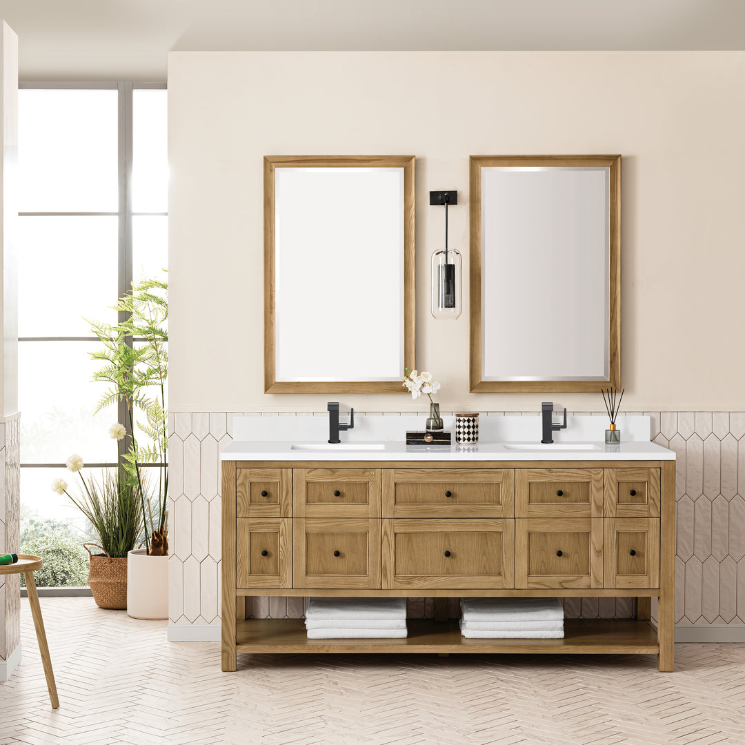 Breckenridge 72" Double Vanity, Light Natural Oak w/ Single Hole 3 CM White Zeus Top & Backsplash