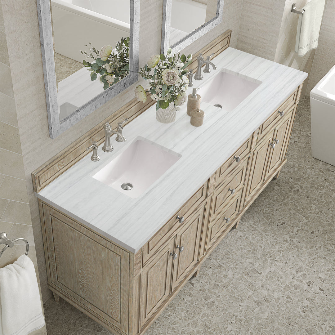 Lorelai 72" Double Vanity, Whitewashed Oak w/ 3 CM Arctic Fall Solid Surface Top