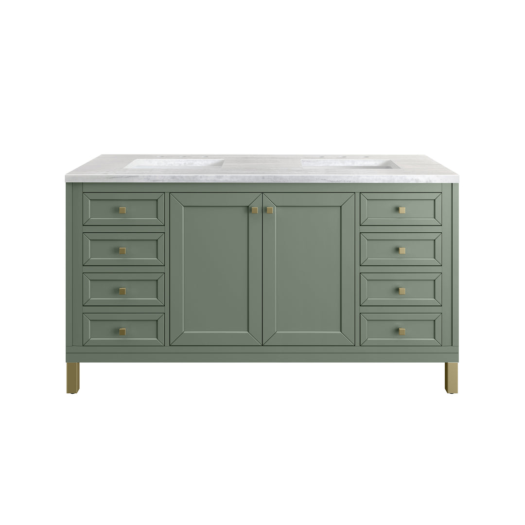 Chicago 60" Double Vanity, Smokey Celadon, w/ 3 CM Arctic Fall Solid Surface Top