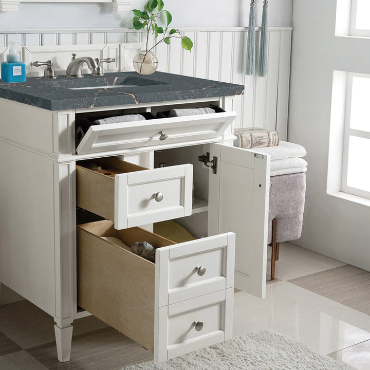 Brittany 30" Single Vanity, Bright White, w/ 3 CM Parisien Bleu Silestone Top