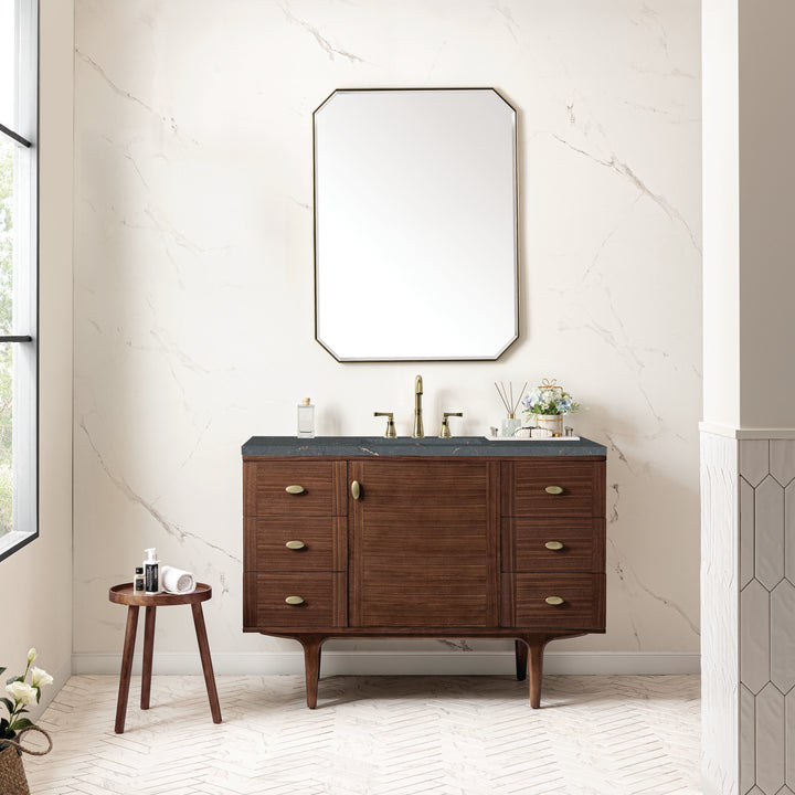 Amberly 48" Single Vanity, Mid-Century Walnut w/ 3 CM Parisien Bleu Top w/FreePower Wireless Charger