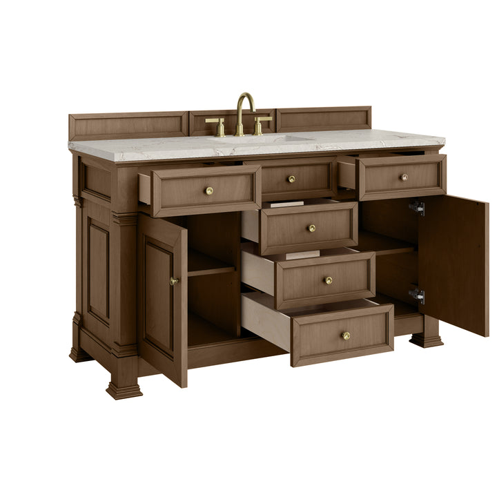 Brookfield 60" Single Vanity, Pecan w/ 3 CM Victorian Silver Silestone® Top
