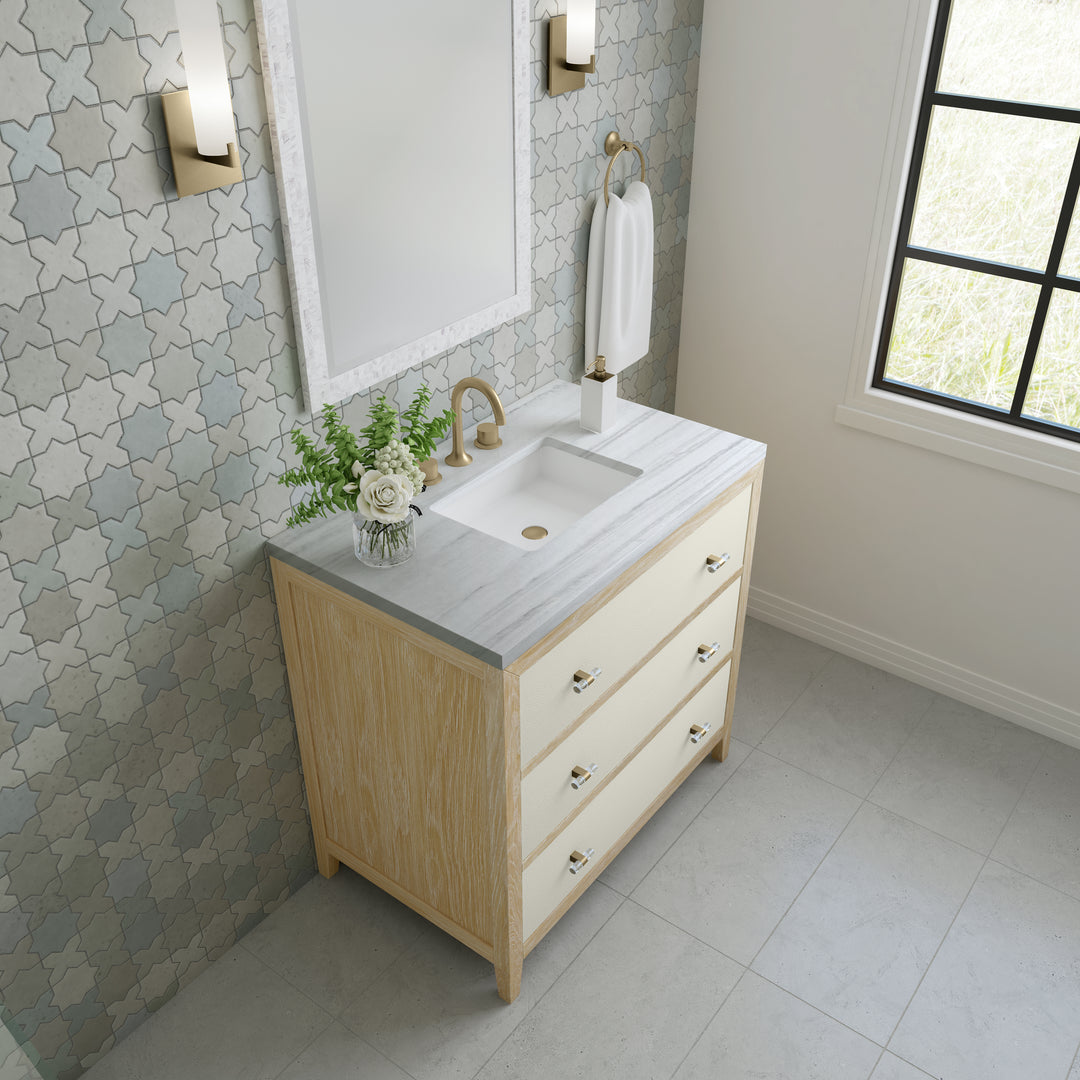 Celeste 36" Single Vanity, Sunwashed Oak with Embossed Shagreen w/ 3 CM Arctic Fall Solid Surface Top