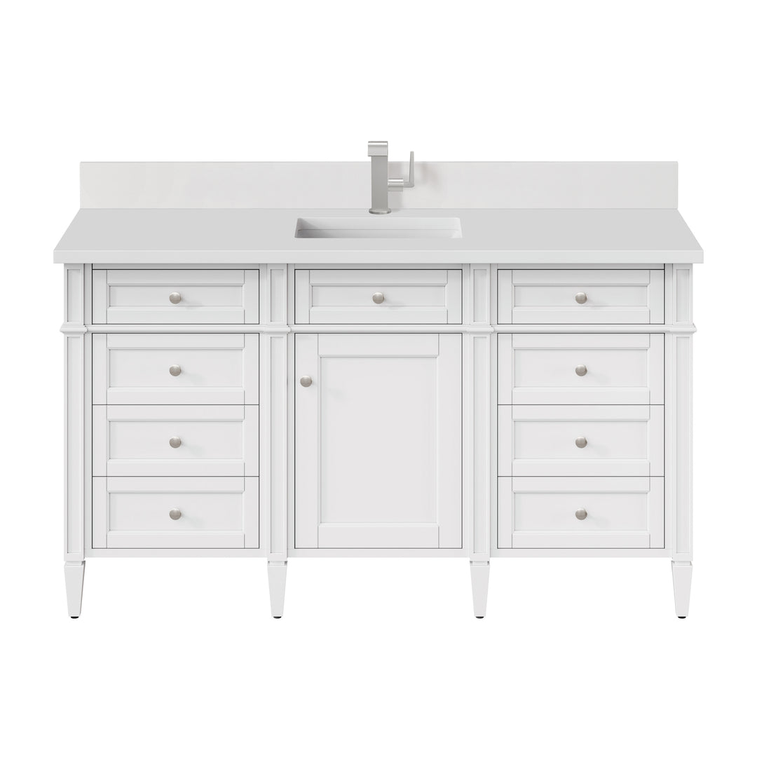 Brittany 60" Single Vanity, Bright White w/ Single Hole 3 CM White Zeus Silestone Top & Backsplash