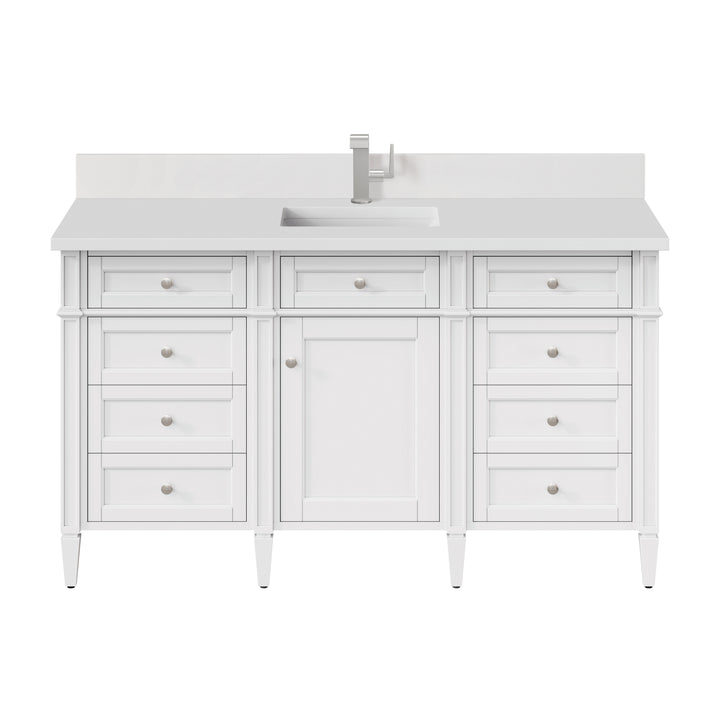 Brittany 60" Single Vanity, Bright White w/ Single Hole 3 CM White Zeus Silestone Top & Backsplash