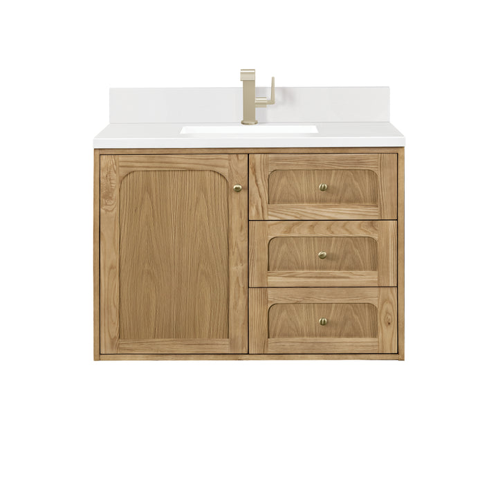 Laurent 36" Single Vanity, Light Natural Oak w/ Single Hole 3 CM White Zeus Top & Backsplash