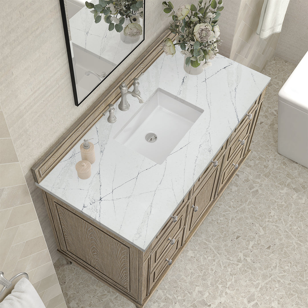 Lorelai 48" Single Vanity, Whitewashed Oak w/ 3 CM Ethereal Noctis Silestone Top w/FreePower Wireless Charger