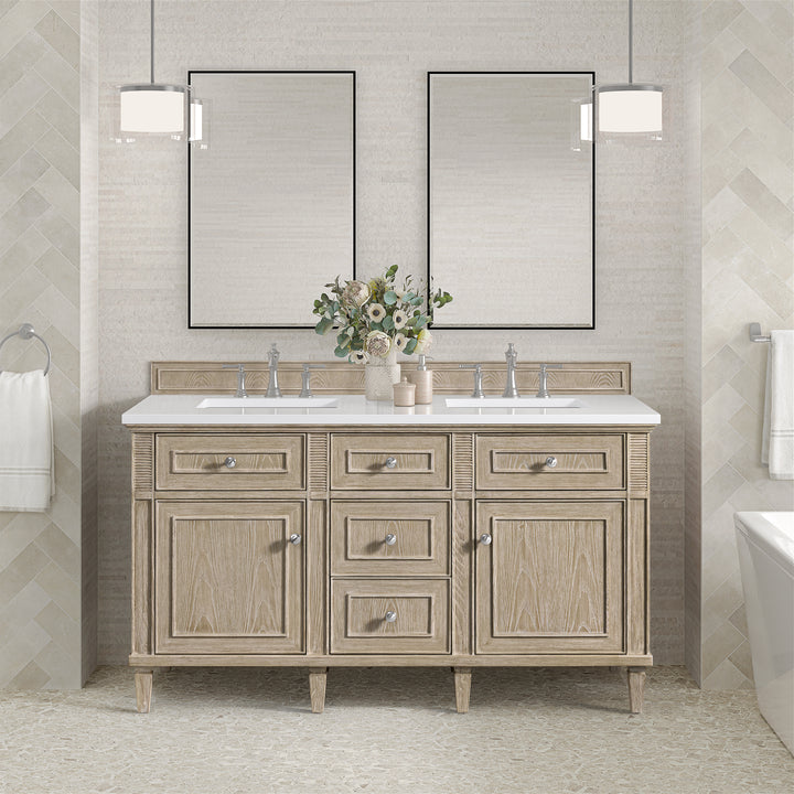 Lorelai 60" Double Vanity, Whitewashed Oak w/ 3 CM White Zeus Silestone Top