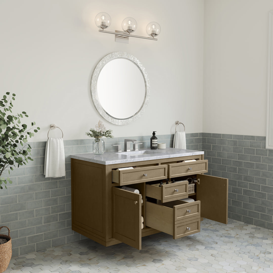 Chicago 48" Single Vanity, Walnut Whisper, w/ 3 CM Carrara Marble Top
