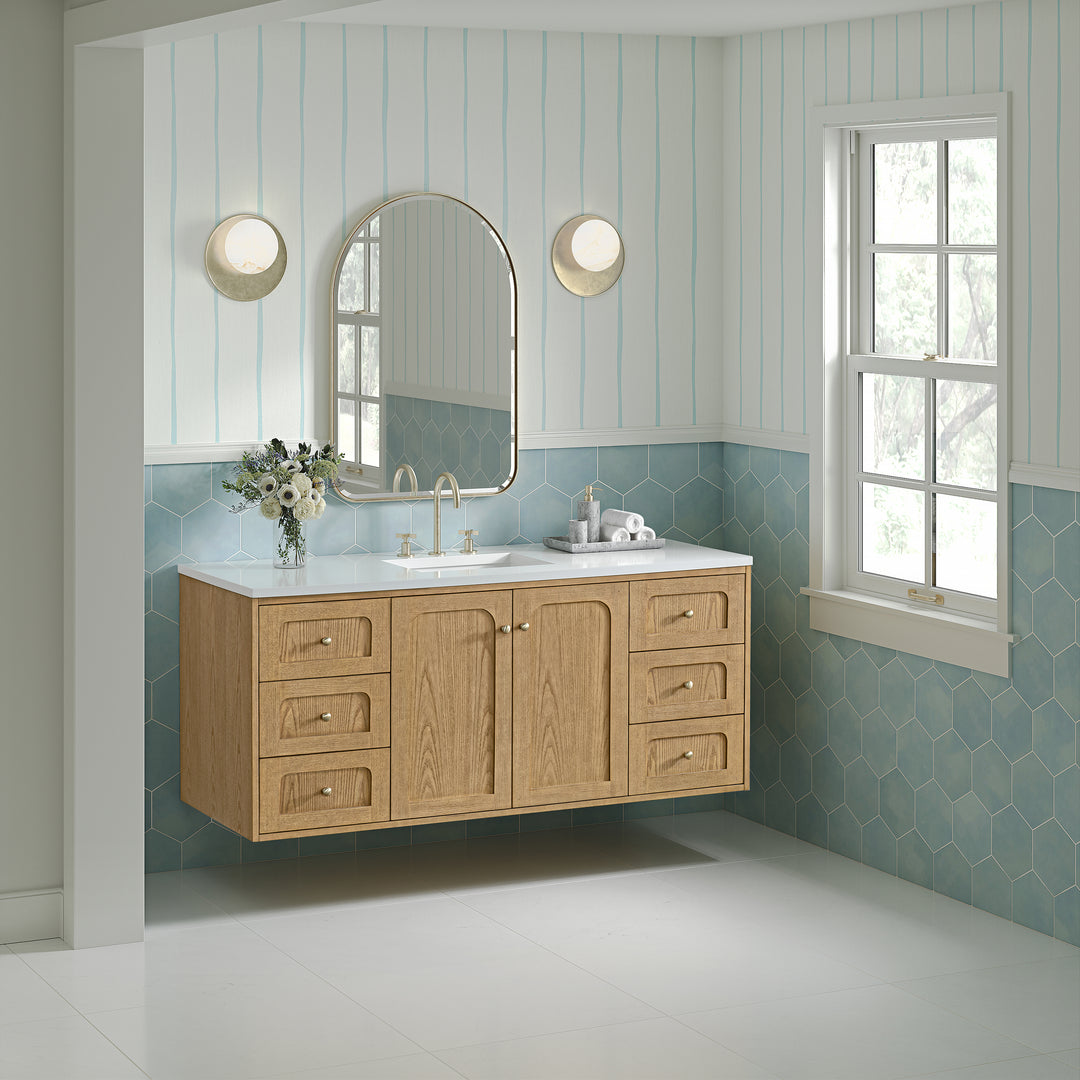 Laurent 60" Single Vanity, Light Natural Oak, w/ 3 CM White Zeus Quartz Top