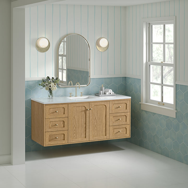 Laurent 60" Single Vanity, Light Natural Oak, w/ 3 CM White Zeus Quartz Top