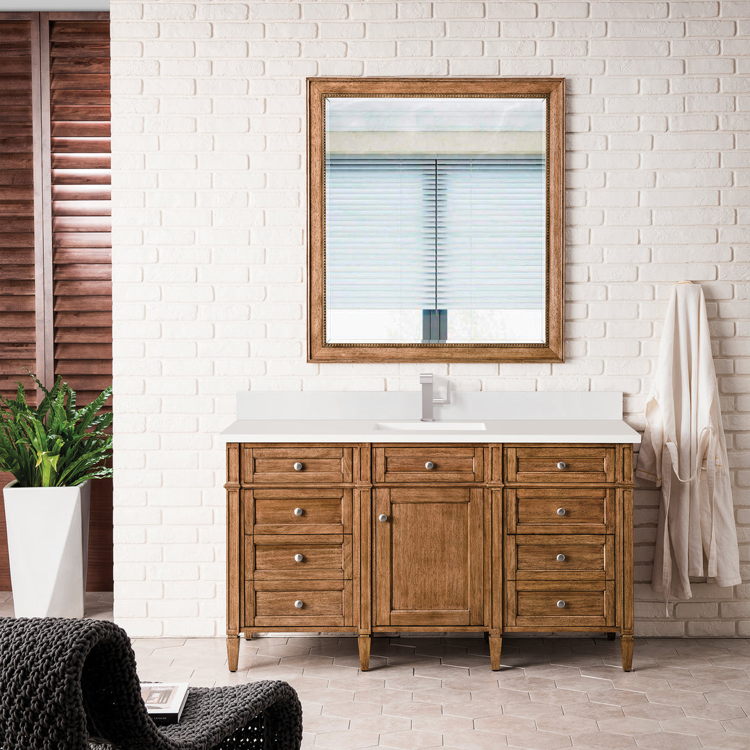 Brittany 60" Single Vanity, Saddle Brown w/ Single Hole 3 CM White Zeus Silestone Top & Backsplash