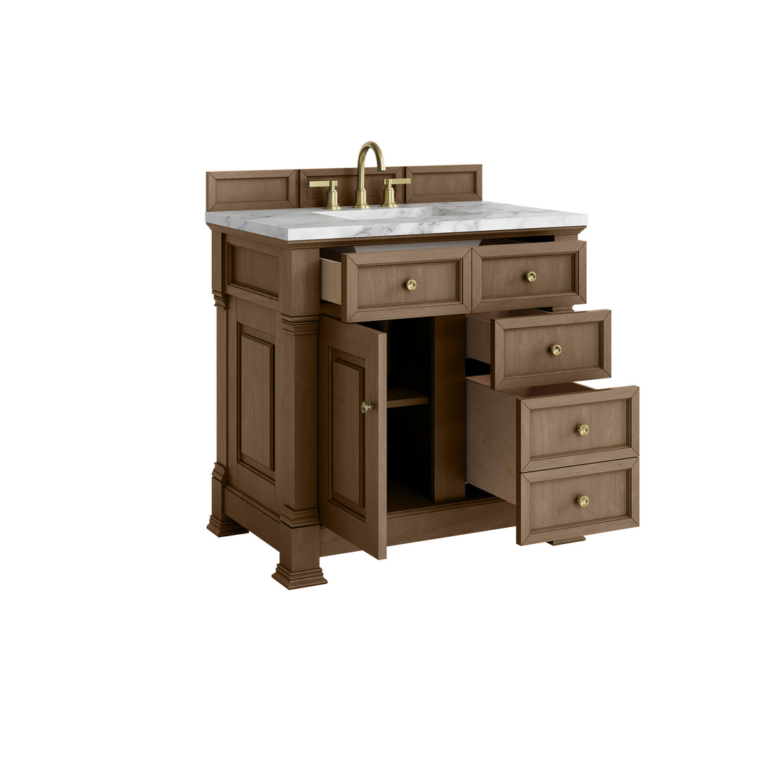 Brookfield 36" Single Vanity, Pecan w/3 CM Carrara White Marble Top