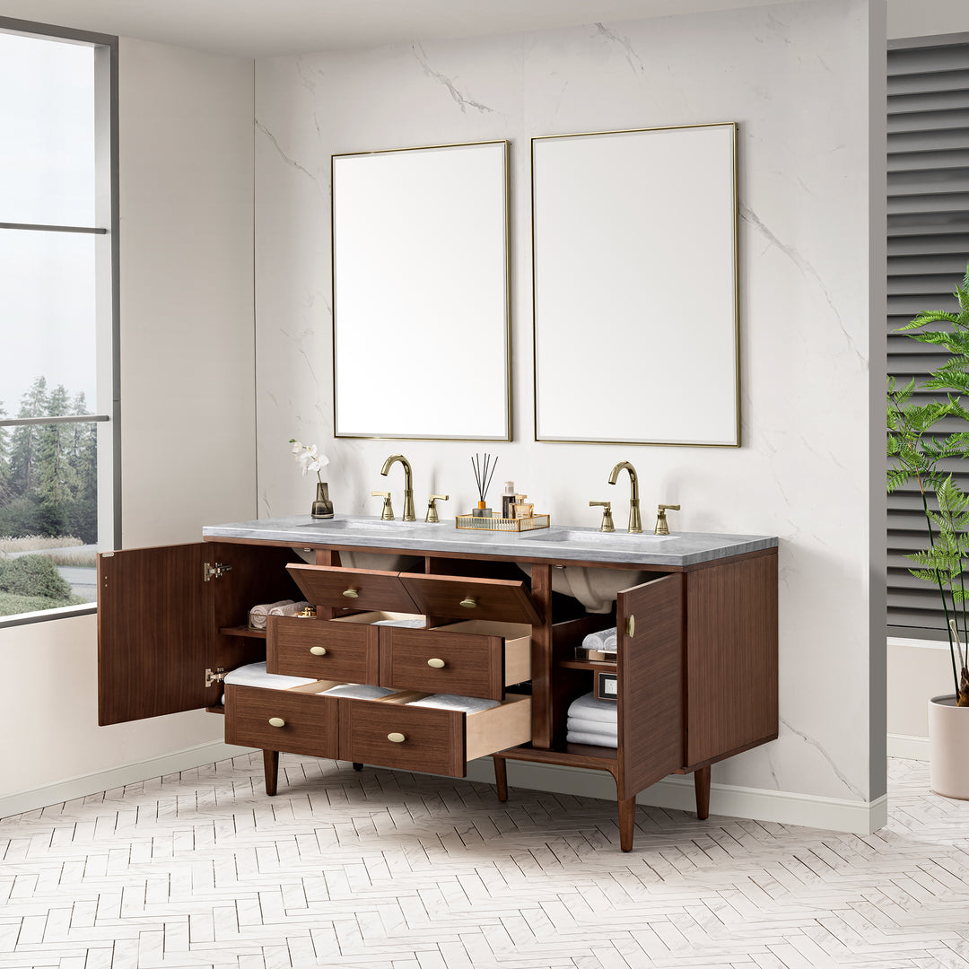 Amberly 72" Double Vanity, Mid-Century Walnut w/ 3 CM Arctic Fall Top