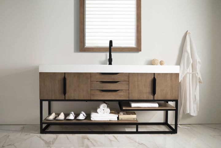 Columbia 72" Single Vanity, Latte Oak, Matte Black w/ Glossy White Composite Stone Top