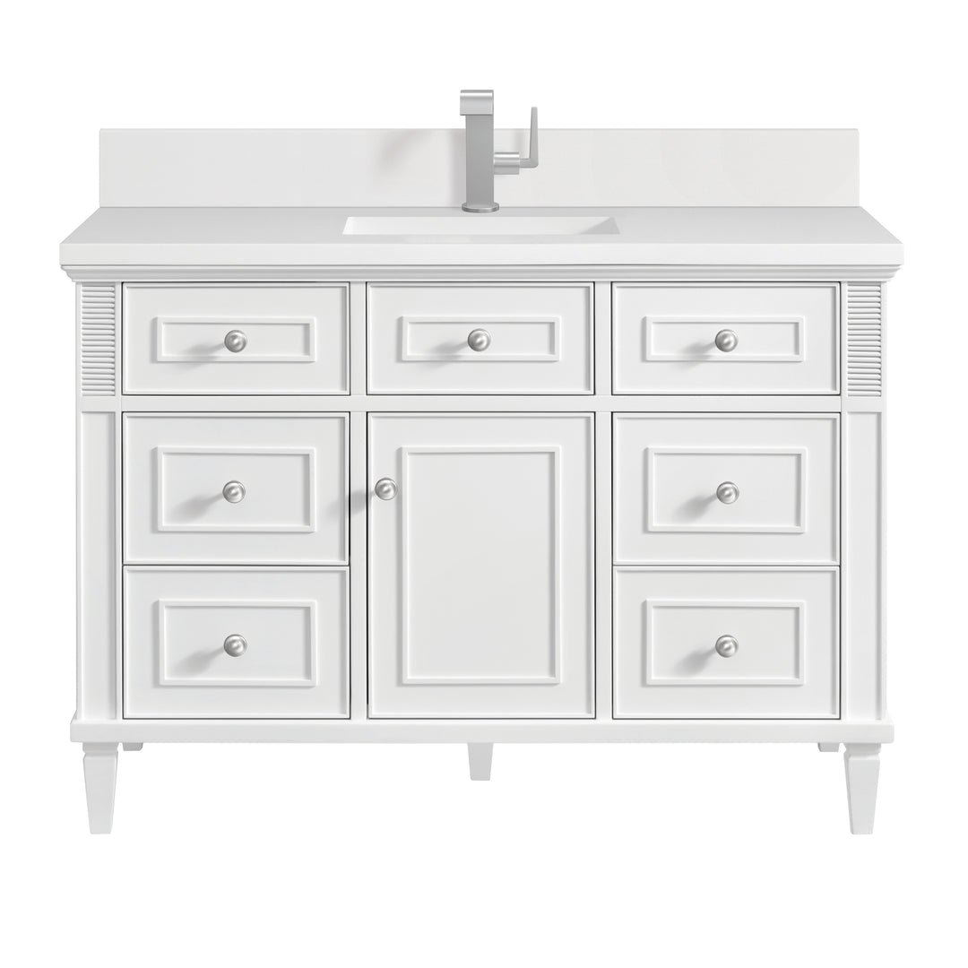 Lorelai 48" Single Vanity, Bright White w/ Single Hole 3 CM White Zeus Silestone Top & Backsplash