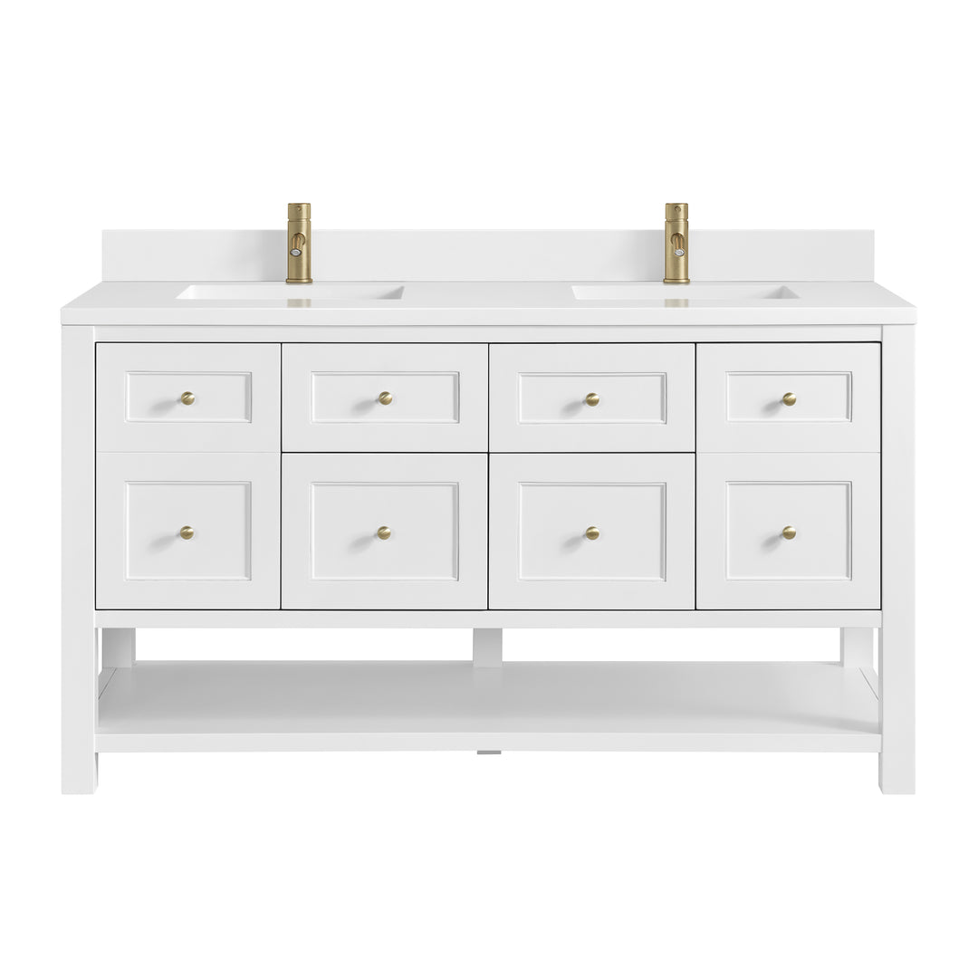 Breckenridge 60" Double Vanity, Bright White, w/ Single Hole 3 CM White Zeus Quartz Top & Backsplash