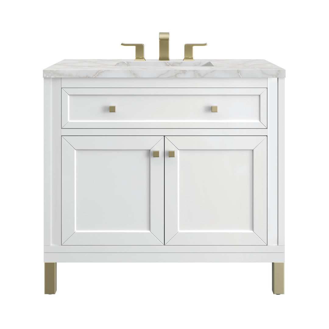 Chicago 36" Single Vanity, Glossy White, w/ 3 CM Victorian Silver Silestone® Top