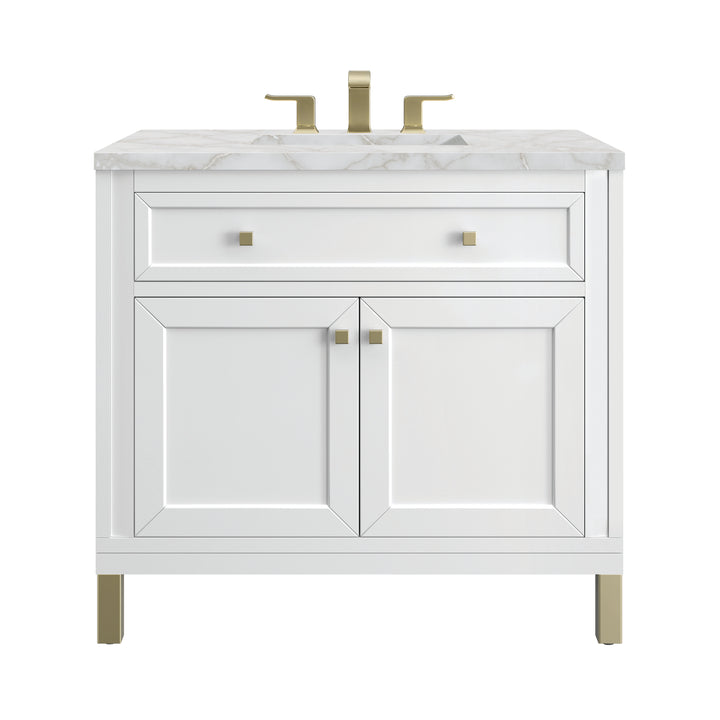 Chicago 36" Single Vanity, Glossy White, w/ 3 CM Victorian Silver Silestone® Top