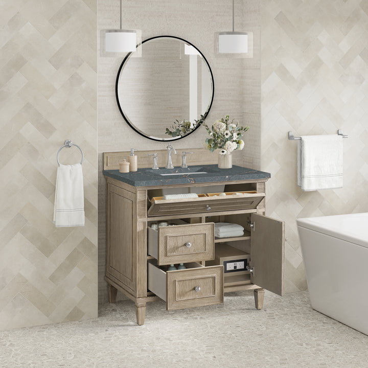 Lorelai 36" Single Vanity, Whitewashed Oak w/ 3 CM Parisien Bleu Silestone Top