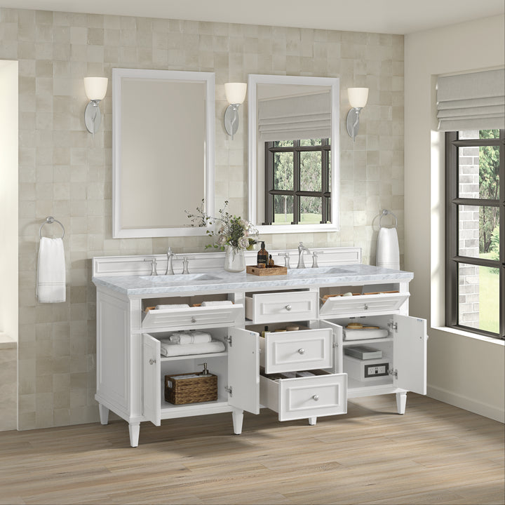 Lorelai 72" Double Vanity, Bright White w/ 3 CM Carrara White Marble Top