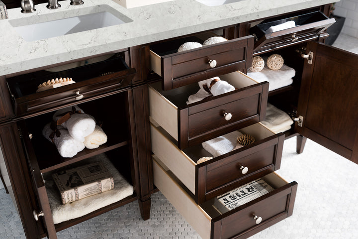 Brittany 60" Double Vanity, Burnished Mahogany w/ 3 CM Eternal Jasmine Pearl Silestone Top