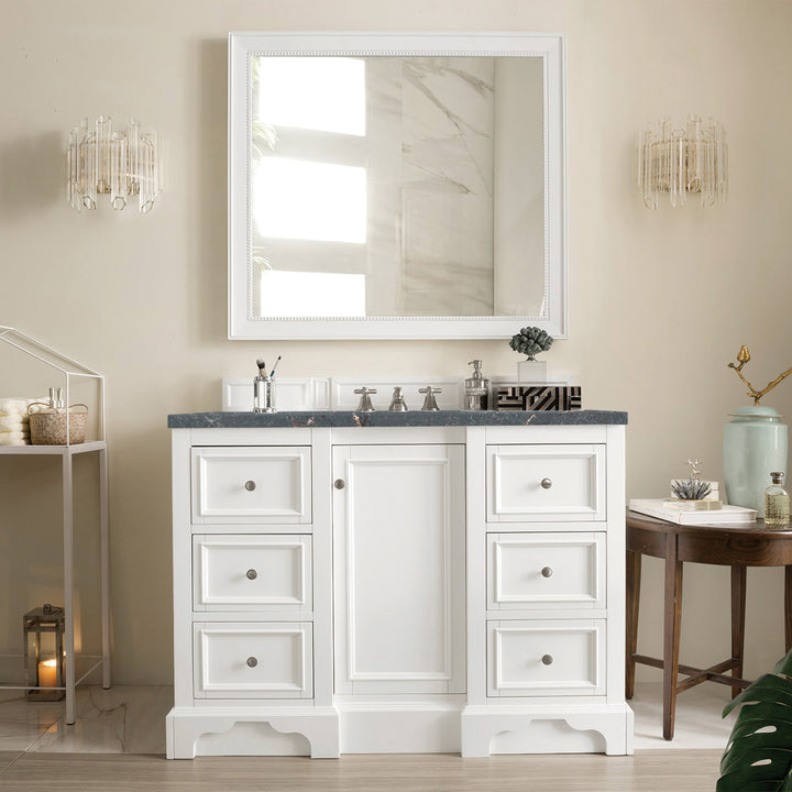 De Soto 48" Single Vanity, Bright White w/ 3 CM Parisien Bleu Silestone Top