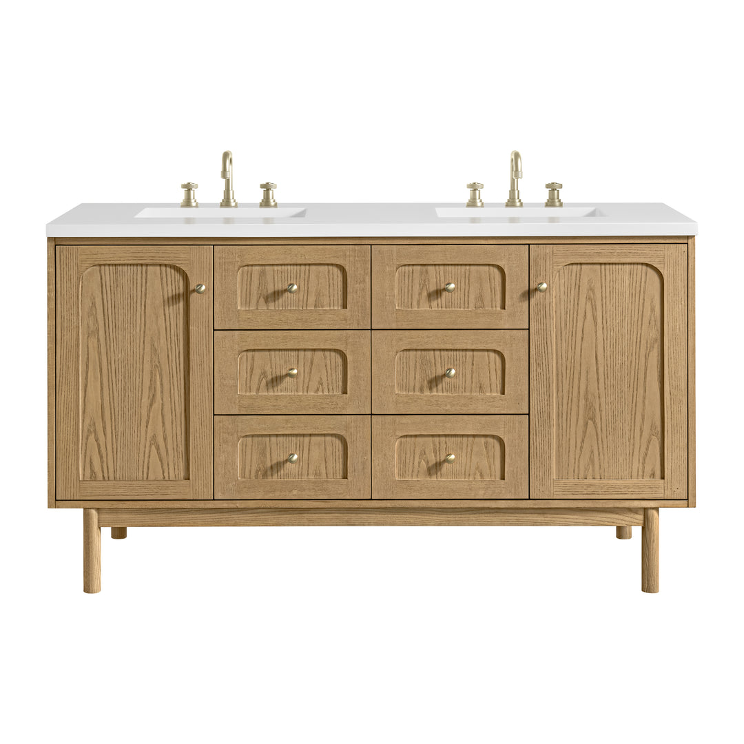 Laurent 60" Double Vanity, Light Natural Oak, w/ 3 CM White Zeus Quartz Top