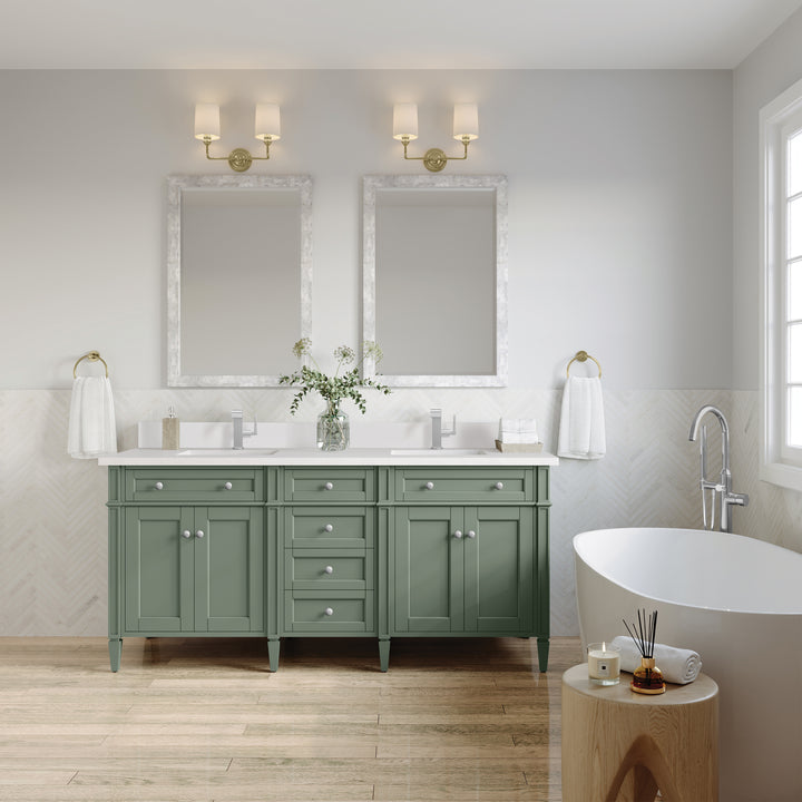 Brittany 72" Double Vanity, Smokey Celadon w/ Single Hole 3 CM White Zeus Top & Backsplash