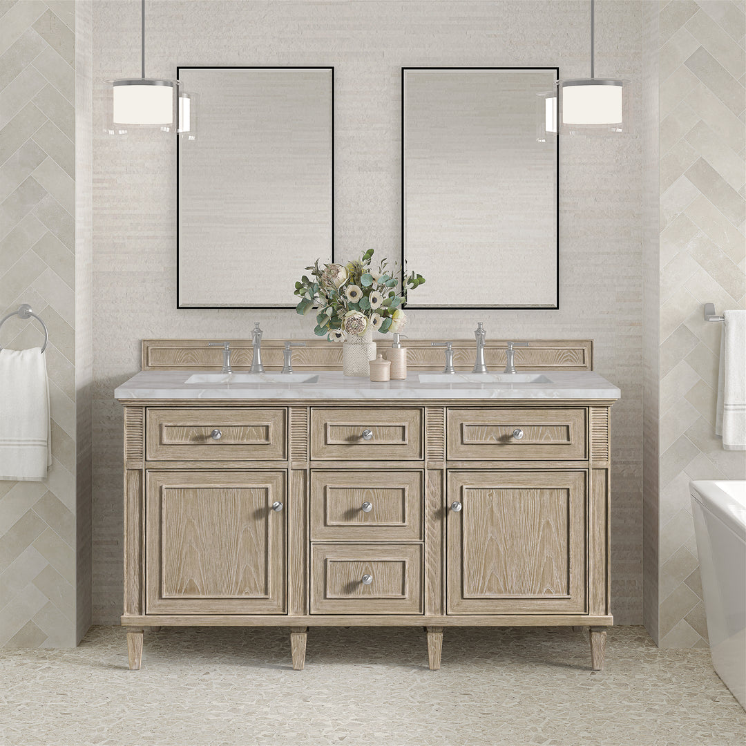 Lorelai 60" Double Vanity, Whitewashed Oak w/ 3 CM Victorian Silver Silestone Top