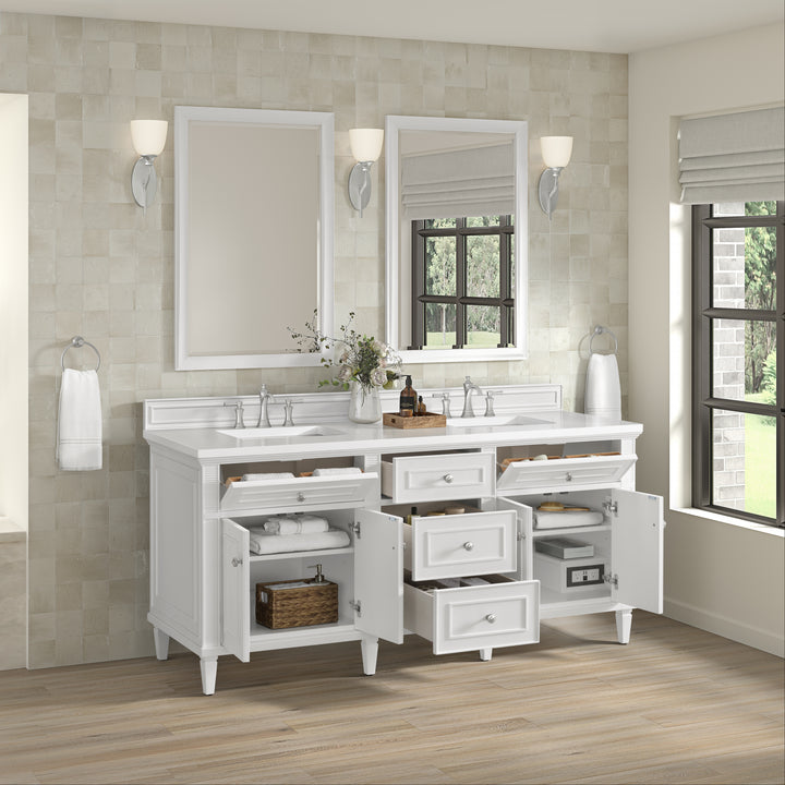 Lorelai 72" Double Vanity, Bright White w/ 3 CM White Zeus Silestone Top