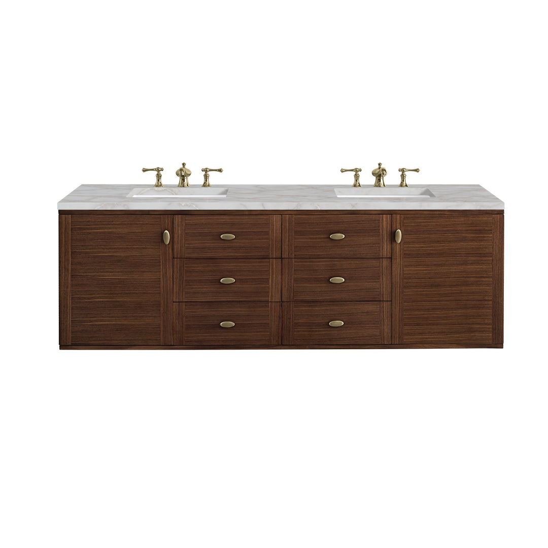 Amberly 72" Double Vanity, Mid-Century Walnut w/ 3 CM Victorian Silver Top w/FreePower Wireless Charger