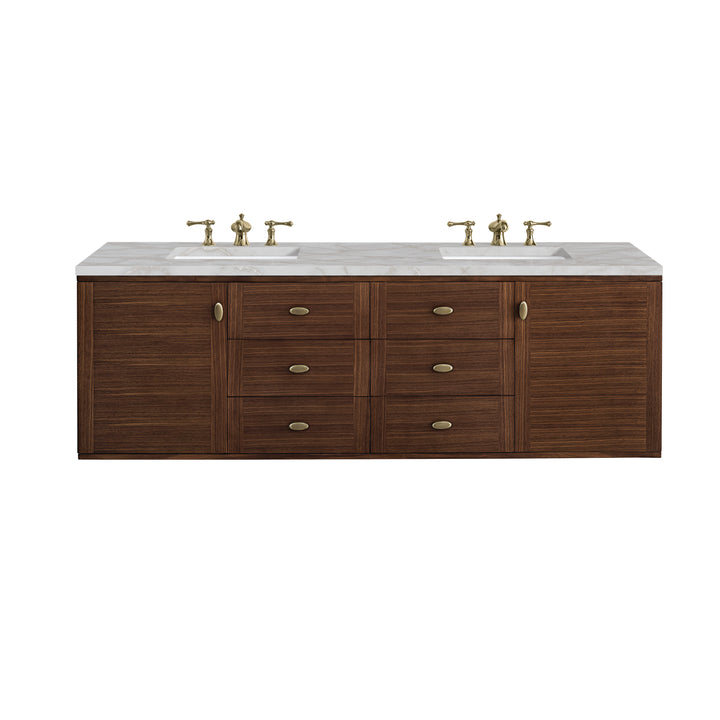 Amberly 72" Double Vanity, Mid-Century Walnut w/ 3 CM Victorian Silver Top w/FreePower Wireless Charger