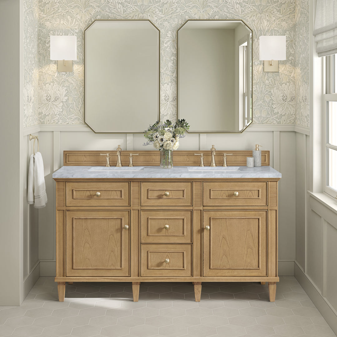 Lorelai 60" Double Vanity, Light Natural Oak w/ 3 CM Carrara White Marble Top