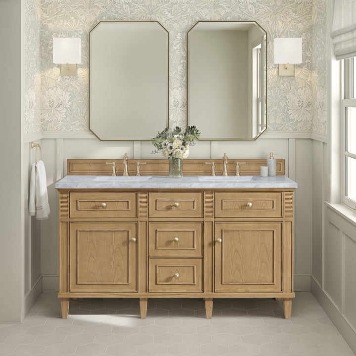 Lorelai 60" Double Vanity, Light Natural Oak w/ 3 CM Carrara White Marble Top
