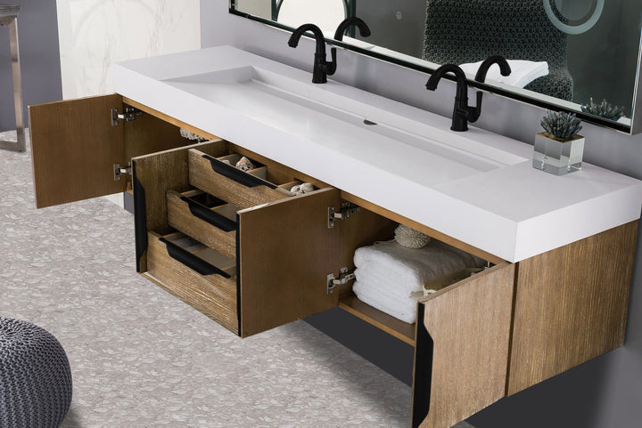 Columbia 72" Double Wall Mount Vanity, Latte Oak, Matte Black w/ Glossy White Composite Stone Top