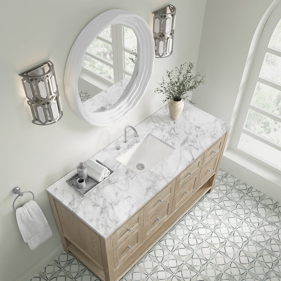 Breckenridge 60" Single Vanity, Whitewashed Oak, w/ 3 CM Carrara Marble Top