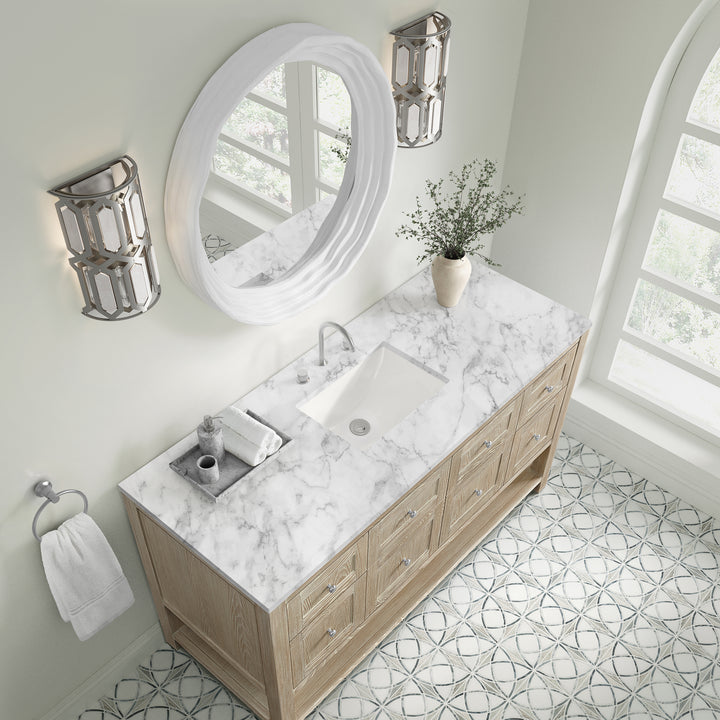 Breckenridge 60" Single Vanity, Whitewashed Oak, w/ 3 CM Carrara Marble Top