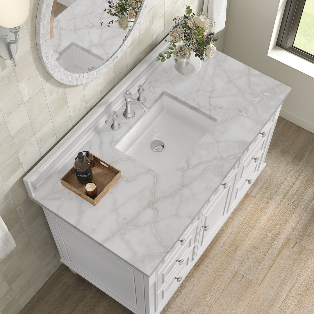 Lorelai 48" Single Vanity, Bright White w/ 3 CM Victorian Silver Silestone Top w/FreePower Wireless Charger