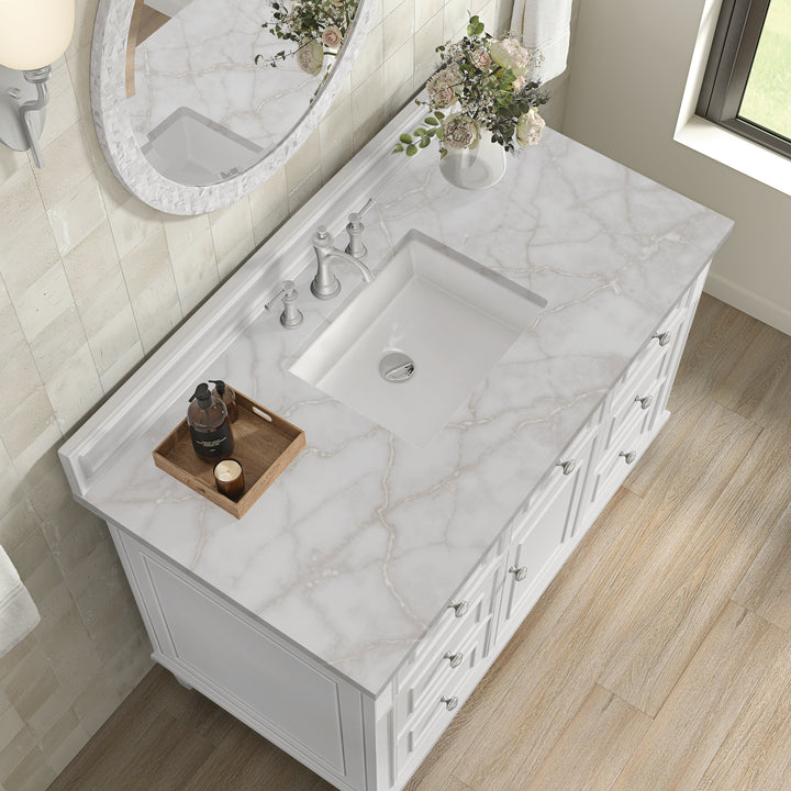 Lorelai 48" Single Vanity, Bright White w/ 3 CM Victorian Silver Silestone Top w/FreePower Wireless Charger