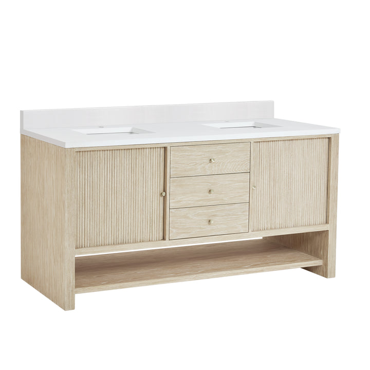 Marigot 72" Double Vanity, Sunwashed Oak w/ Hole 3 CM White Zeus Silestone Top & Backsplash