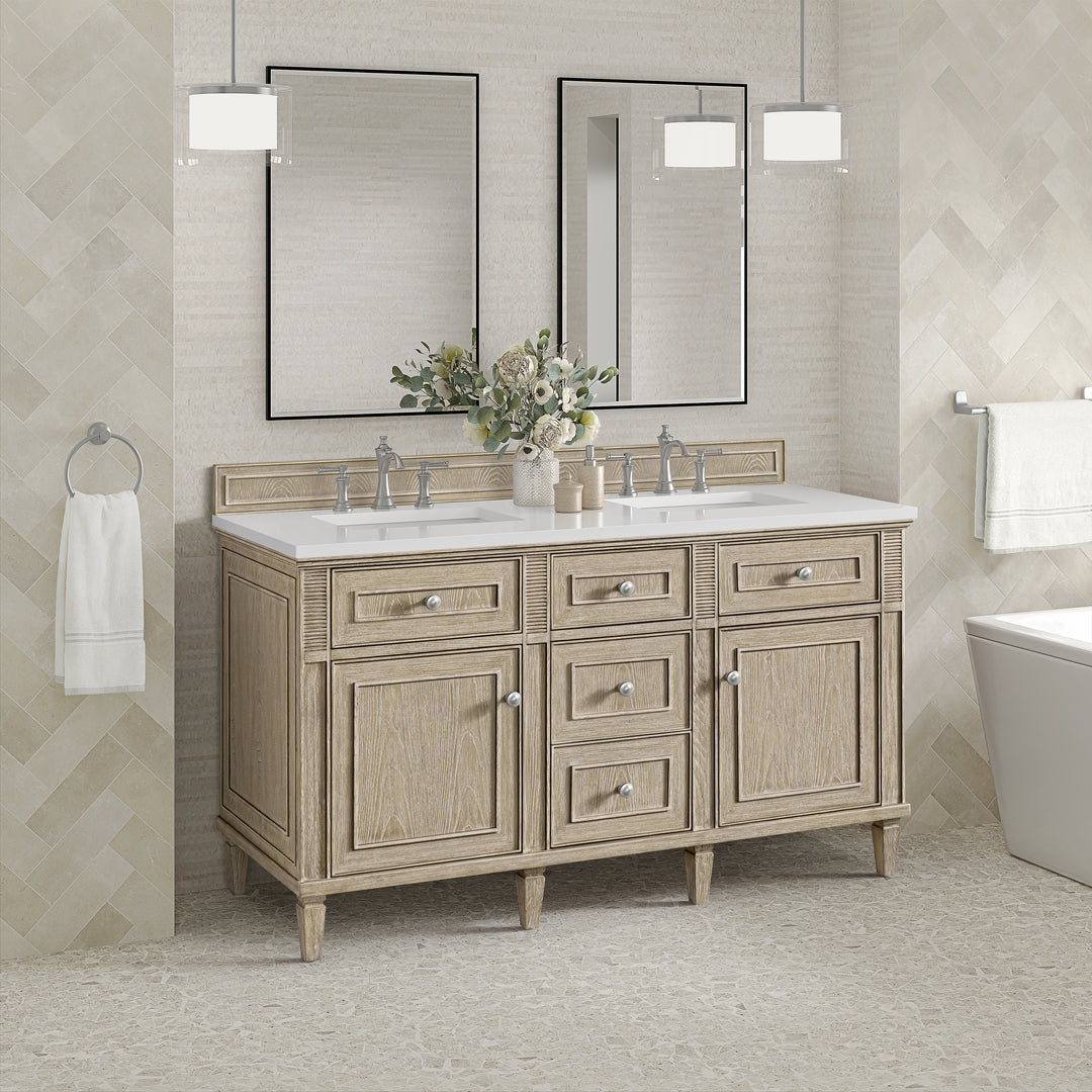 Lorelai 60" Double Vanity, Whitewashed Oak w/ 3 CM White Zeus Silestone Top