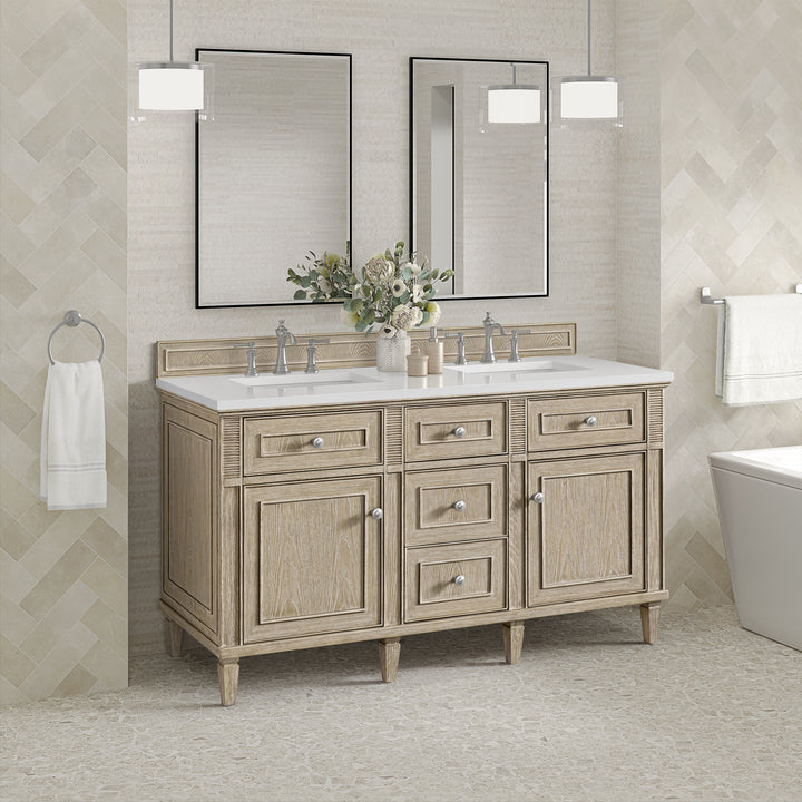 Lorelai 60" Double Vanity, Whitewashed Oak w/ 3 CM White Zeus Silestone Top