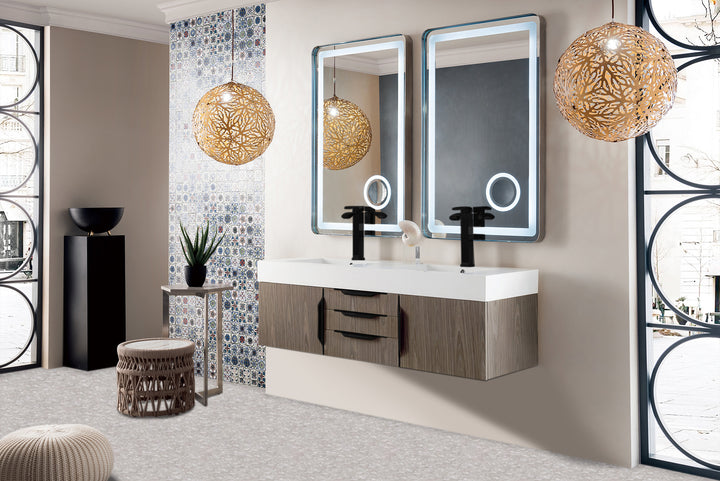 Columbia 59" Double Wall Mount Vanity, Ash Gray, Matte Black w/ Glossy White Composite Stone Top